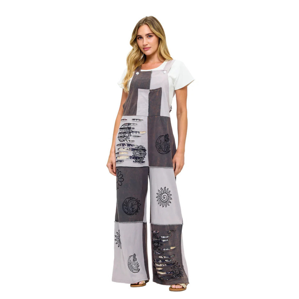 26361 Yak & Yeti Boho Patchwork Razor Cut Hand Painted Gray Overall - Var Sizes